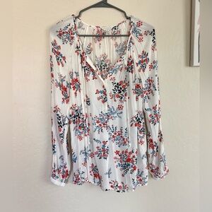 Lucky Brand Floral Peasant Blouse Small Tie Neck Boho Prairie Top